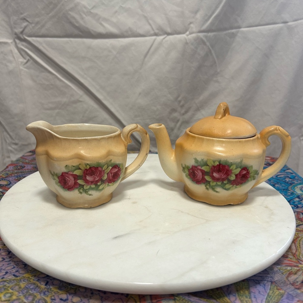 Vintage Floral Cream and Sugar Set with Red Roses